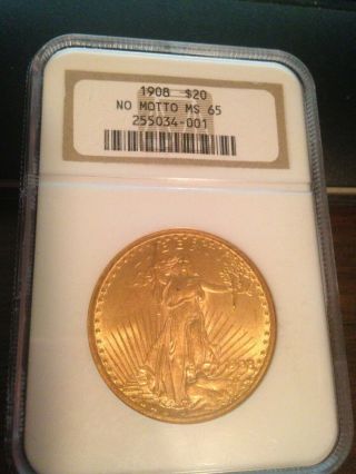 1908 Double Eagle,  $20 Gold St Gaudens Ngc Ms 65 No Motto,