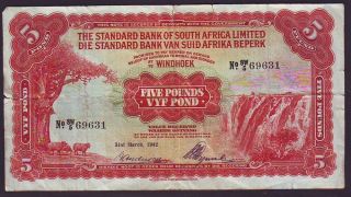 South West Africa 1942 £5 Standard Bank Banknote