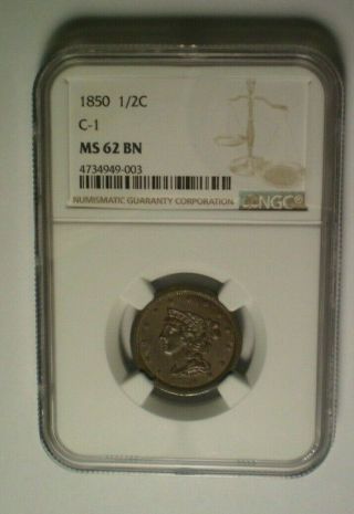 1850 C1 Half Cent Ngc Ms 62 Bn / Very Sharp Spot Coin / Tougher Date