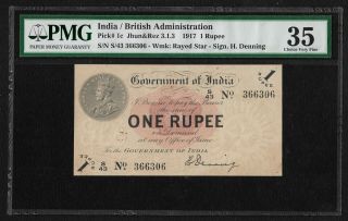 British India,  1917,  1 Rupee,  Pmg Ch.  Very Fine 35 H Denning Sign Note Pick 1c