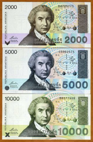 Set,  Croatia,  2000;5000;10000 Dinara,  1992,  Pick 23;24;25,  Unc