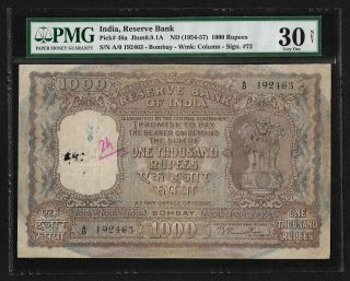 India Republic 1954,  1000 Rupees,  Bombay,  Pmg Vf 30 Net,  B Rama Rau Sign,  P 46a