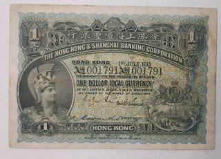 1913 $1 Dollar Hong Kong Shanghai Banking Corporation