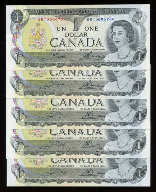 5 Consecutive 1973 Bank Of Canada $1 Unc Notes
