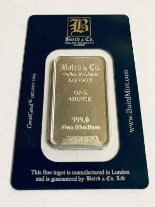 1 Oz.  Rhodium Bar - Baird & Co - 999.  0 Fine In Assay - Black Card