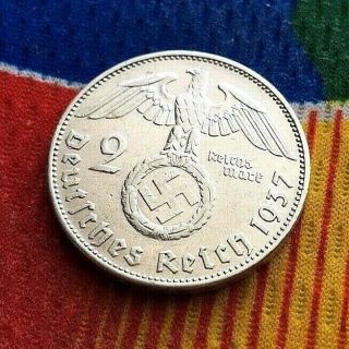 German 1937 E 2 Mark Wwii Silver Coin 3rd Reich Swastika Reichsmark Coin 5