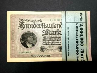 Authentic Bundle Of 20 - 100,  000 German Marks - 1923 Uncirculated Consecutive
