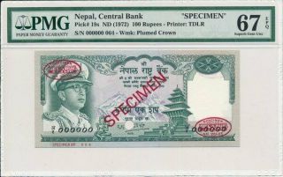 Central Bank Nepal 100 Rupees Nd (1972) Specimen Pmg 67epq