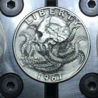 Hobo Nickel Octopus Skull Hand Engraved Quarter Silver Coin Ohns Love Token