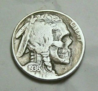 Hand Carved Hobo Nickel By John Hughey Real Buffalo Coin Western Skull