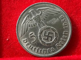 German Nazi Silver Coin 1938 A 5 Reichsmark.  900 Silver Big Swastika