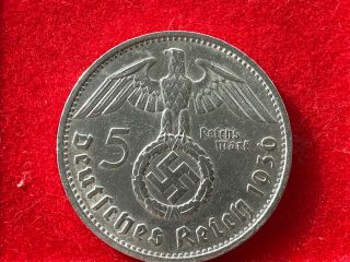 German Nazi Silver Coin 1936 F 5 Reichsmark.  900 Silver Big Swastika