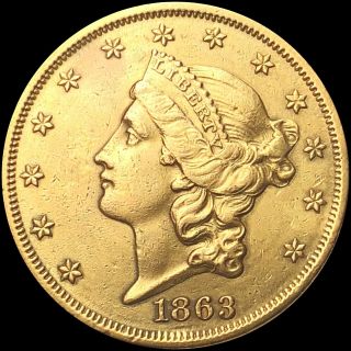 1863 Double Eagle Gold $20 Borders Uncirculated Ms Bu Coronet Tough Nr