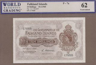 Falkland Islands: 10 Shillings Banknote,  (unc Wbg62),  P - 7a,  10.  04.  1960,