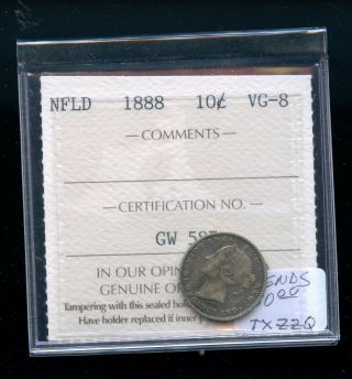 1888 Newfoundland 10 Cents Iccs Certified Vg8 Dsp8