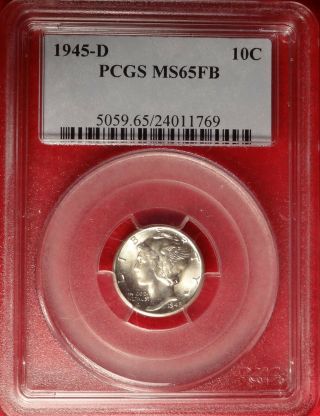 1945 - D 10c Pcgs Ms 65 Fb Gem Uncirculated Full Bands Mercury Dime Type Coin