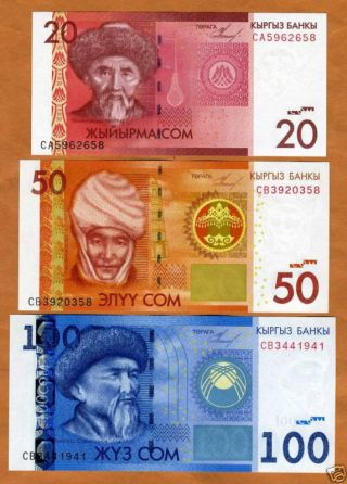 Kyrgyzstan,  Set,  20;50;100 Som,  2009,  P - 24 - 25 - 26,  Unc