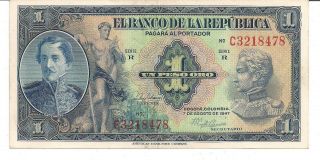 Colombia 1 Peso 7 De Agosto 1947 Noc Serie R Vf,