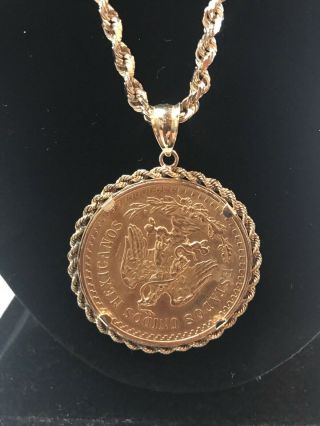 1943 Mexico Gold 50 Peso Centenario Coin With Rope Necklace Rope Bezel 3