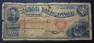 Honduras Banknote 10 Pesos,  Pick S105 Poor 1886 Aguan Navigation Improvement Co.