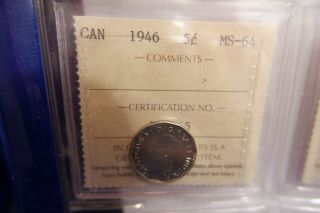 1946 Canada 5 Cent Nickel Coin Ms - 64 Iccs Graded Tb 165