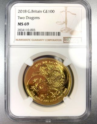 2018 Great Britain 1 Oz Gold Two Dragons Ngc Ms 69