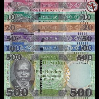 South Sudan - 5,  10,  20,  50,  100,  500 Pounds - 2015 - 2018 - Set 6 Notes - Unc