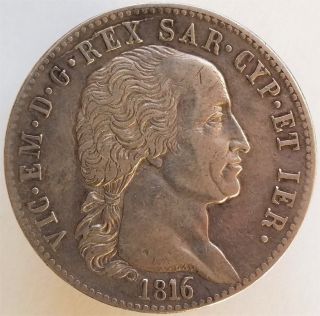 1816 - L Silver 5 Lire Italian States - Sardinia,  Rare Key Date