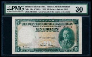 Scarce 1935 Straits Settlement/ Malaya/ Singapore Kg V $10 Note.  Pmg Vf30