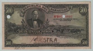 Paraguay 500 Pesos L.  1923 Canceled And Manually Written Sample: Muestra P.  169