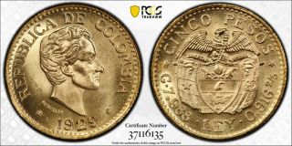 Colombia 1929 5 Pesos Gold World Coin ✮pcgs Ms67 Graded✮