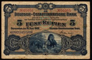 German - East - Africa 5 Rupien 1905 Vf P.  1 No: 05055