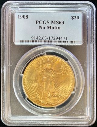 1908 No Motto $20 American Gold Eagle Saint Gaudens Ms63 Pcgs Coin