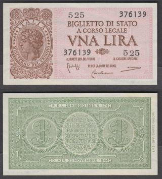 Italy 1 Lira 1944 Unc Crisp Banknote Km 29