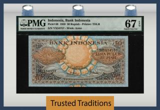 Tt Pk 68 1959 Indonesia 50 Rupiah " Sunflower & Fish Eagle " Pmg 67 Epq None Finer