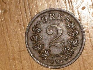 Norway 1889 2 Ore Coin Extremely Fine