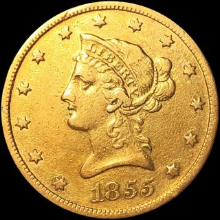1855 - S $10 " Gold Eagle " Liberty Head Gold About Uncirculated Coin Au