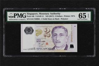 2017 Singapore Monetary Authority 2 Dollars Pick 46i Pmg 65 Epq Gem Unc