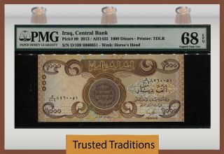 Tt Pk 99 2013 Iraq Central Bank 1000 Dinars Pmg 68 Epq Gem Uncirculated