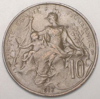 1917 France French 10 Centimes Republic Wwi Era Coin Vf,