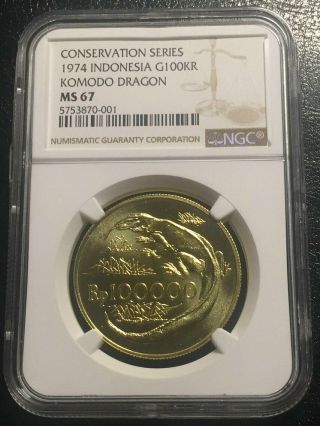 Indonesia 100000r 1974 Gold Ngc Ms67 Komodo Dragon