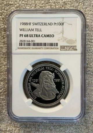 1988 Swiss 1 Oz.  999 Platinum Wilhelm Tell Round Shooter - Pf68 Ultra Cameo