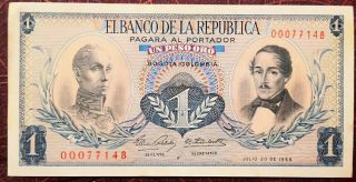 Rare Replacement Note 1 Peso Gold July 20.  1966 Colombia Xf Pick 404d