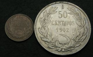 Chile 5,  50 Centavos 1902/1904 - Silver - 2 Coins.  - 3397