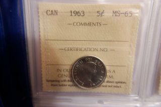 1963 Canada 5 Cent Nickel Coin Ms - 65 Iccs Graded Jg 886