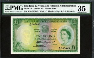 Rhodesia & Nyasaland 1960 - 1961,  1 Pound,  P21b,  Pmg 35 Vf