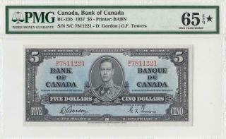 1937 Bank Of Canada Kgvi $5 Gordon & Towers ( (pmg 65 Epq))