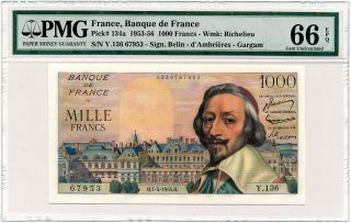 France - 1000 Francs 1955 P134a Richelieu Pmg Gem Unc 66 Epq