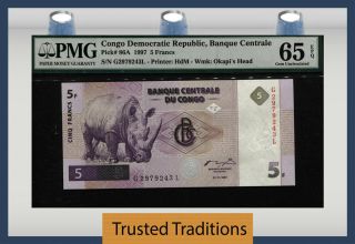 Tt Pk 86a 1997 Congo Democratic Republic 5 Francs Pmg 65 Epq Gem Uncirculated