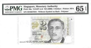 Singapore $2 Dollars 2006 Monetary Authority Pick 46 A Lucky Money Value $65